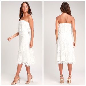 NWT LULUS DELIA WHITE LACE STRAPLESS MIDI
